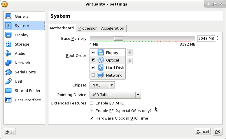 Virtualbox system setting
