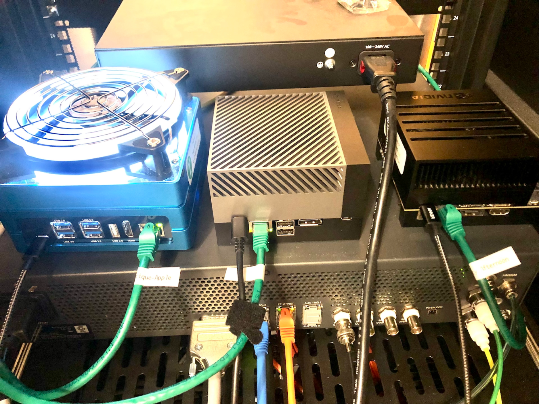 Deployment of SeeedStudio Jetson Mate Advanced, a NVIDIA Jetson AGX Orin Devkit, and NVIDIA Jetson AGX Xavier Devkit (left-to-right) at the University of Michigan - Ann Arbor’s Michigan Center of Materials Characterization, (MC)2