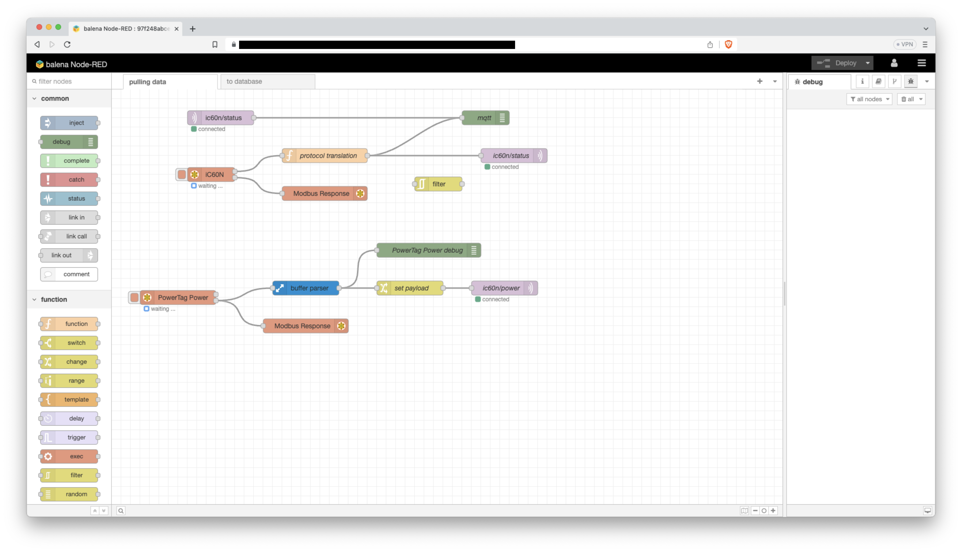 nodeRED flow using the MING stack with balena